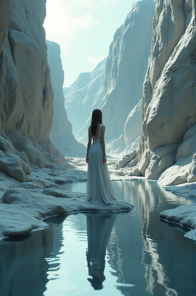 Make a valley full of rocks that have mirrors and a female person