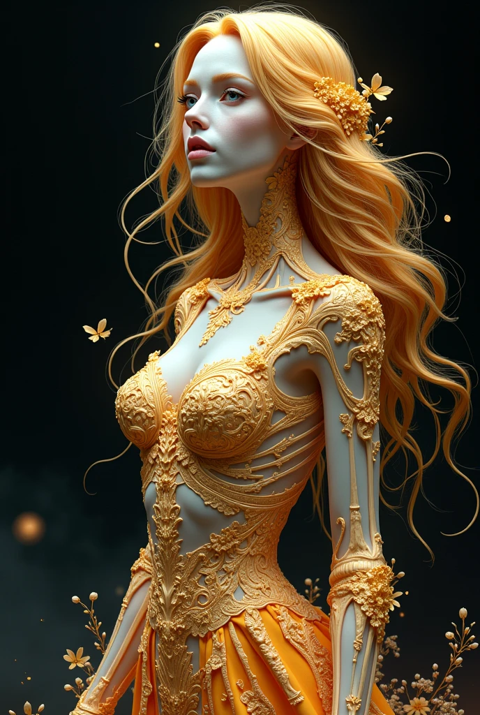 (skeleton like:0.4), ((female ornate princess)), (with blonde long flowing hair), (bright beautiful eyes), trending on artstation, flowers of hope by Jean-Honor Fragonard, Peter mohrbacher, hyper detailed, insane details, stunning, intricate, elite, art nouveau, ornate, liquid wax, elegant, extravagant, luxury, Greg Rutkowski, ink style, sticker, vector-art, beautiful character design, double exposure shot, luminous design, award winning, masterpiece, amoled black background, (full torso),