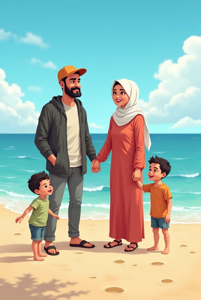 Amal hijab + yacine barbe casquette couple algeriens muslim + 2 enfants garcon 2 et 5 ans plage style anime