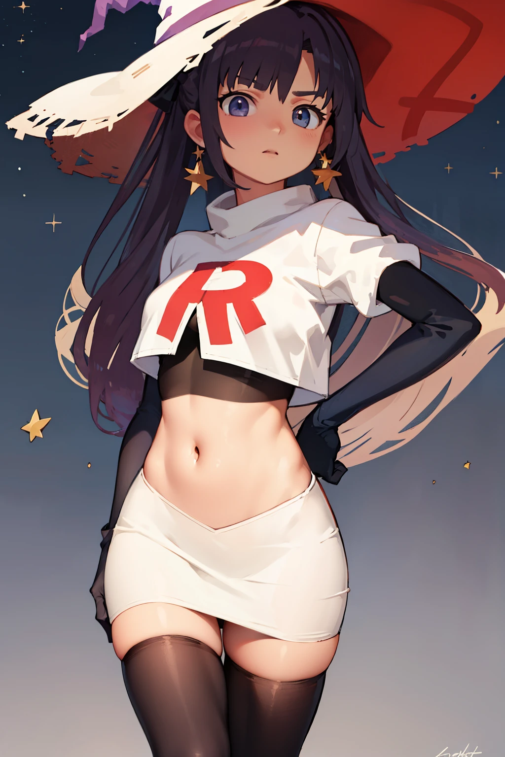 ((masterpiece,best quality)), team rocket,team rocket uniform,white skirt,red letter R,crop top,black thigh-highs,black elbow gloves, purple_hair, zettai ryouiki, aamona, long hair, twintails, star_earrings,hair ornament, hat, jewelry, star_\(symbol\), witch_hat, earrings, purple headwear, cowboy shot,