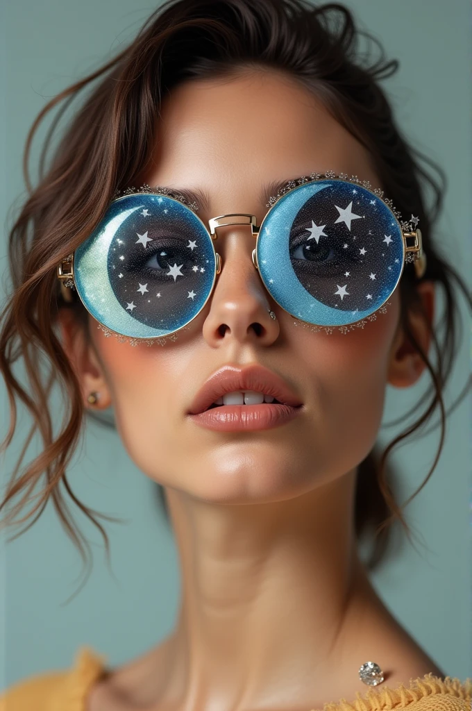The model is wearing glass sunglasses with stars and the moon on the glass