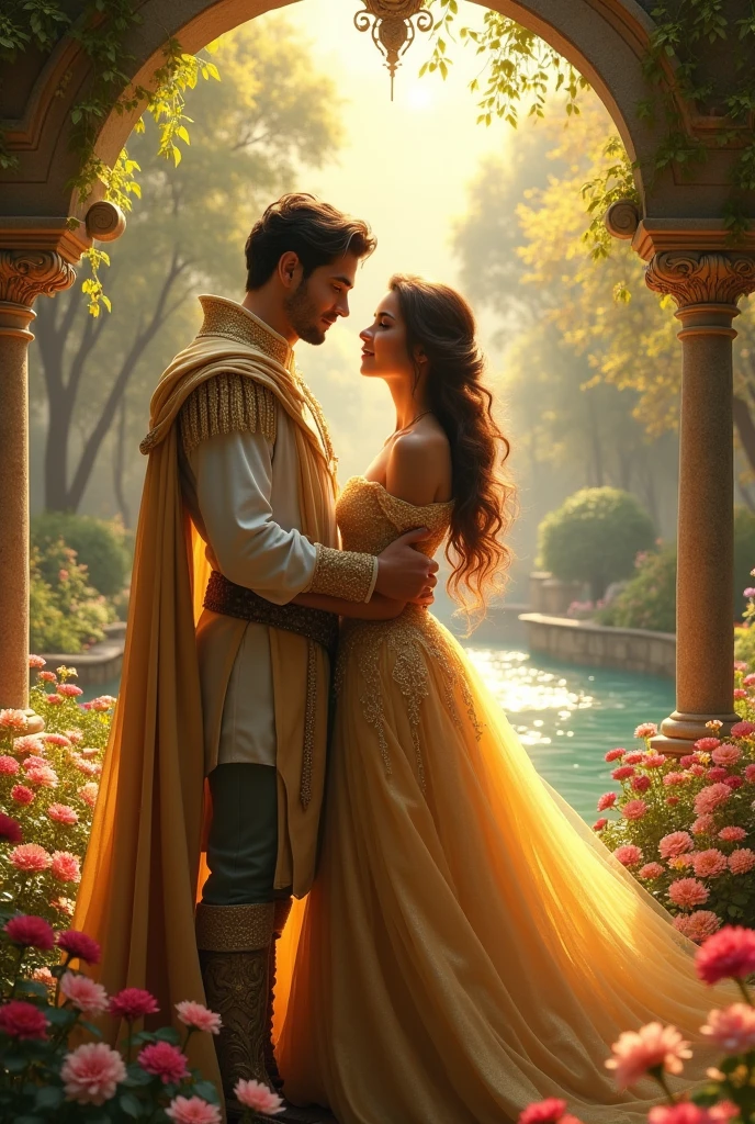 a beautiful prince and a princess in a golden dress in a beautiful garden