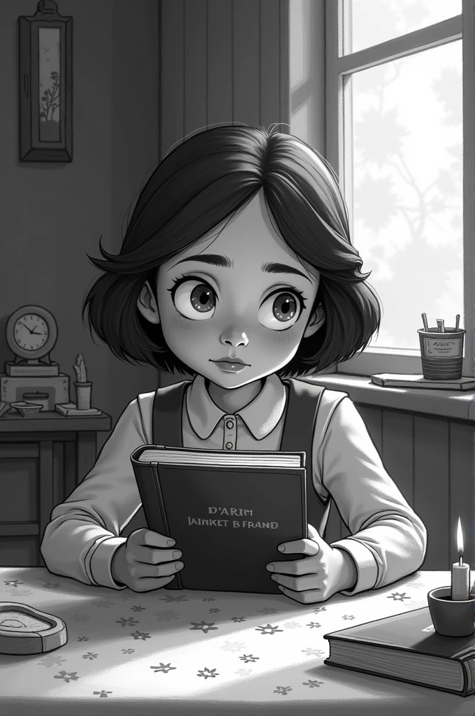 Black and white illustration of Anne Frank receiving her diary as a birthday present