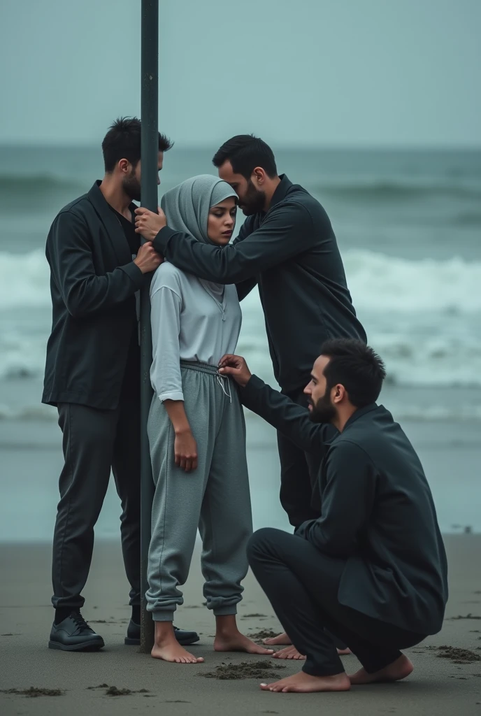  Grey headscarf on the beach, grey baggy sweatpants, barefoot, Sexy thin woman in a white long-sleeved shirt is tied to a pole by 2 men and they are touching her. Another man sits and watches them. 