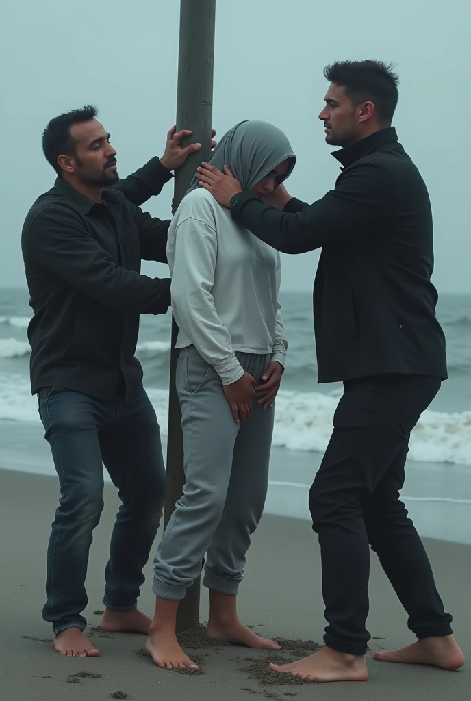 Grey headscarf on the beach, grey baggy sweatpants, barefoot, Sexy thin woman in a white long-sleeved shirt is tied to a pole by 2 men and they are touching her. Another man sits and watches them.