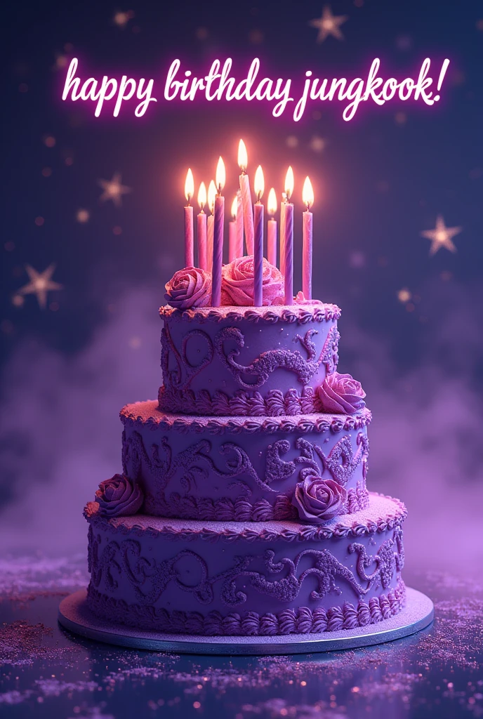 A festive birthday cake in shades of purple, adorned with lit candles on top. The cake is elegantly decorated with various purple hues and intricate designs. Above the cake, the text reads “Happy Birthday Jungkook!” in a celebratory font. The background features a night sky filled with sparkling stars, adding a magical and enchanting atmosphere to the scene. The entire composition should have a joyful and celebratory feel, with the colors predominantly in the purple spectrum to create a cohesive and vibrant image