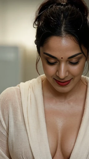 close up photo of naked kiara from bottom view, curvy, hourglass figure, sweat drops in between swooping breasts, armpits, seductive eyes, look at viewer and annoying smile, doing push ups in office, necklace, bathrobe, braless, red lips, sultry, ponytail, (cinematic:1.3), intricate details, (ArtStation:1.2)