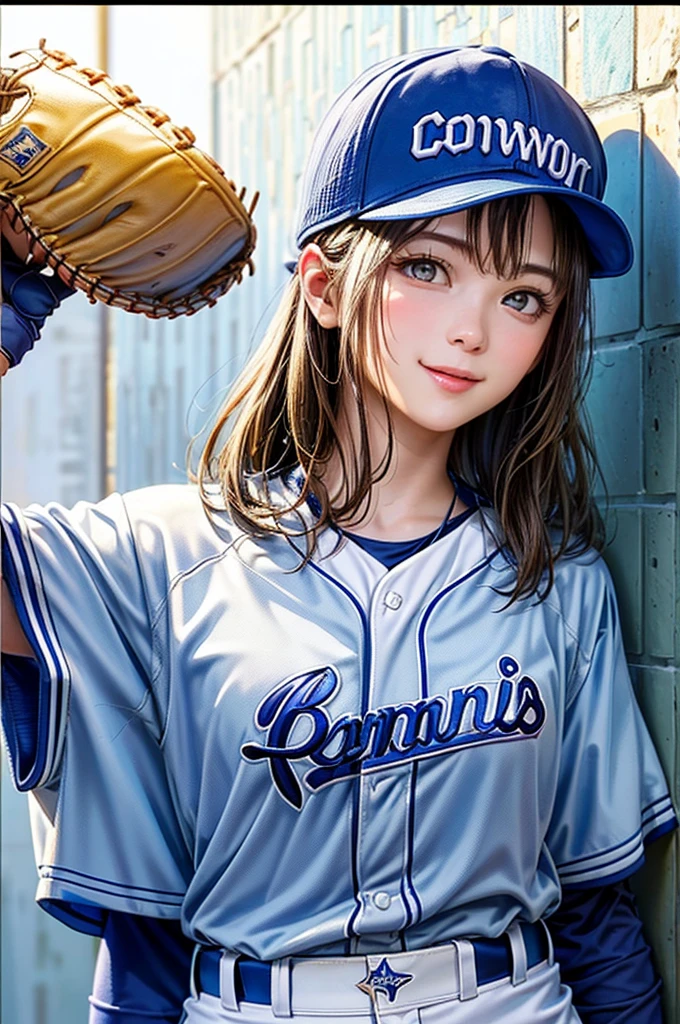 (Highest quality、8k、32K、masterpiece)、(Realistic)、(Realistic:1.2)、(High resolution)、Very detailed、Very beautiful face and eyes、Tight waist、(close、Highest quality、Attention to detail、Rich skin detail)、(Highest quality、8k、Oil paints:1.2)、(Realistic、Realistic:1.37)、Bright colors、(((Frame In)))、(((blonde)))、(((Cowboy Shot)))、(((Medium Hair)))、(((White wall background)))、(((Fun Expressions)))、(((Baseball uniforms)))、(((Light blue uniform)))、smile、(((Medium Hair、Baseball cap)))