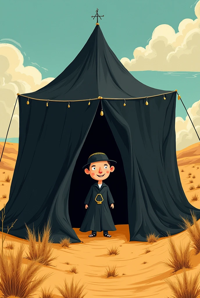 Children&#39;s drawing of a Jew living in a large black tent in the desert 