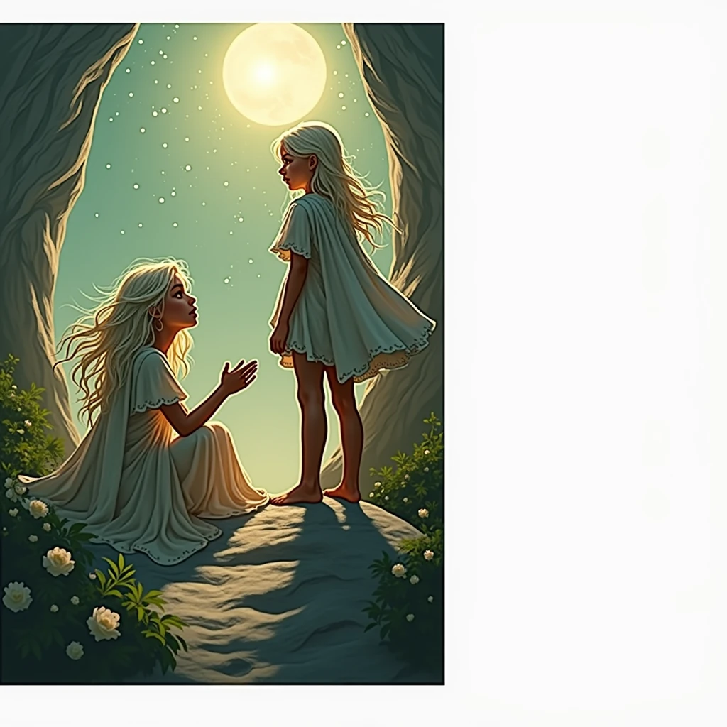 GIRL OF ABOUT WITH VERY WHITE SKIN AND LONG WHITE HAIR, BROWN EYES AND DRESSED IN ONLY WHITE, SPEAKS FROM THE MOON SURROUNDED BY A STARRY NIGHT SKY