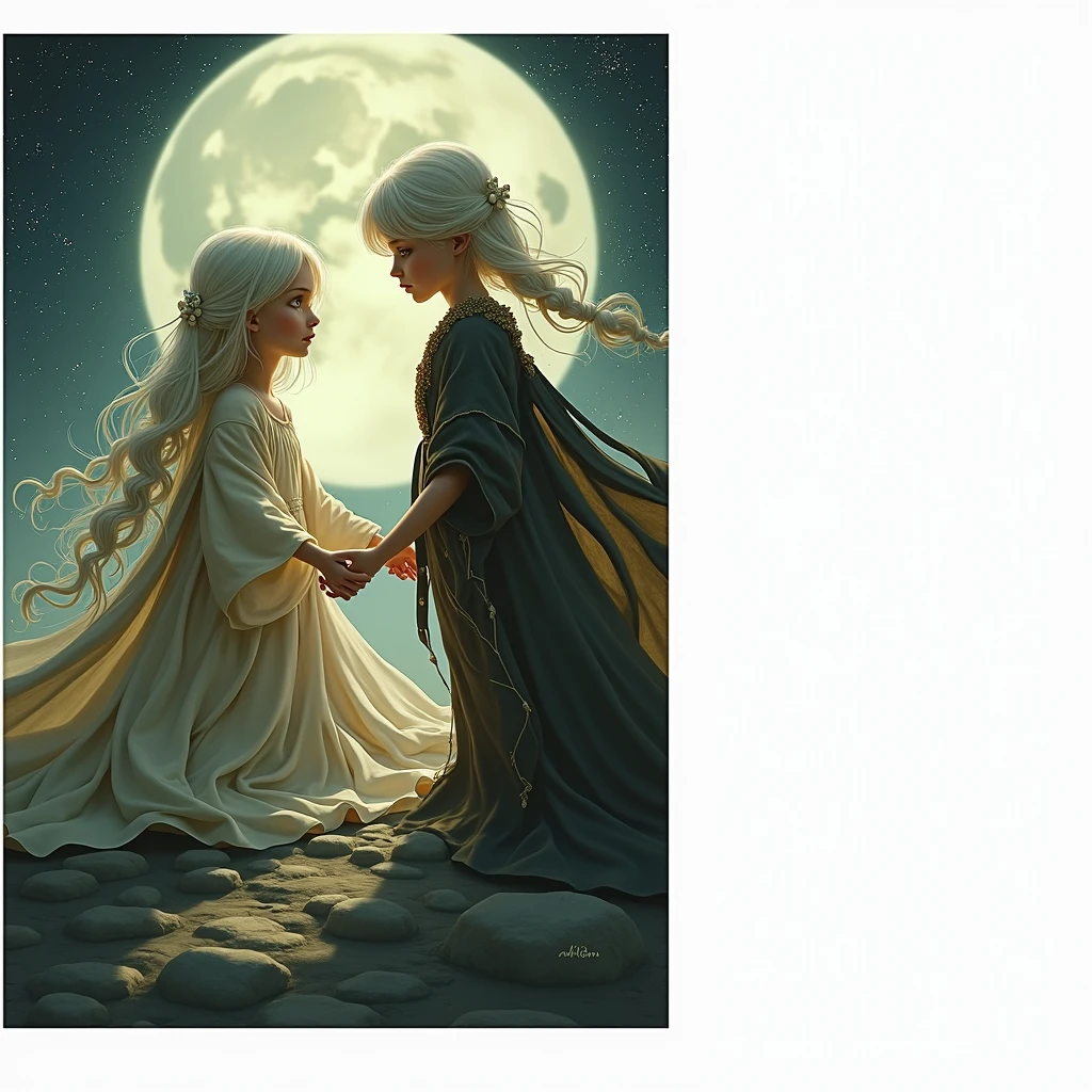 GIRL OF ABOUT WITH VERY WHITE SKIN AND LONG WHITE HAIR, BROWN EYES AND DRESSED IN ONLY WHITE, SPEAKS FROM THE MOON SURROUNDED BY A STARRY NIGHT SKY