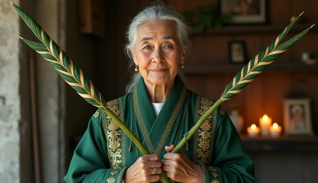 70 year old female healer, with gold threads in the garment, with exquisite ultra realistic costumes with two long plants in the shape of thin spears, crossing like an x in front of your chest. The plant is green with medium green and dark green stripes throughout.. In the background, a modern and rustic house with a shelf with saints and lit candles. convey depth.