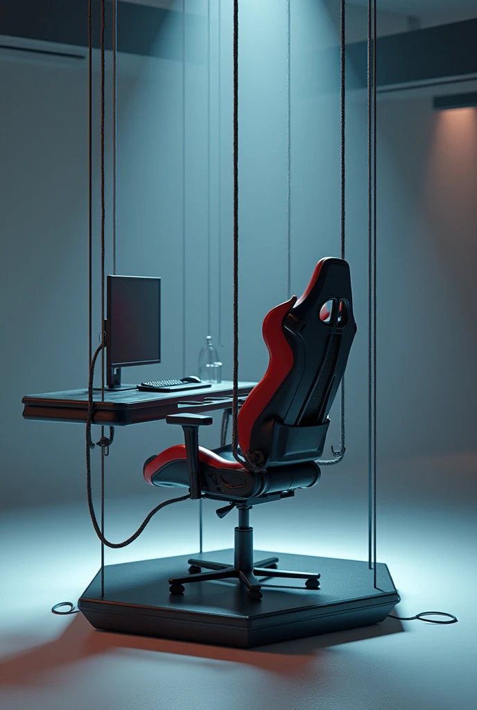A gamer chair hanging from the ceiling, which would be tied to the 6 corners of a 6-angled base with a rope, and above it would hang on 1 thick rope, a small table attached to the chair, with mouse and keyboard, the chair must be legless, just hang in the air, a monitor in front of the keyboard and mouse