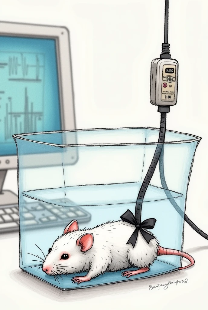 hand drawn drawing of a white mouse lying down with a black ribbon on its tail in a clear box having its blood pressure measured by telemetry with transducer wires attached to a black ribbon on its tail in a laboratory, showing the computer f