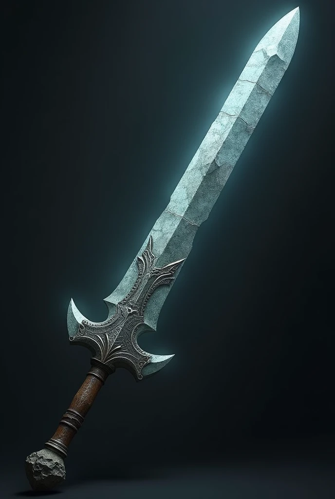 anime just a long sword with a blade made of polished stone, with a berserker style design and a wooden handle