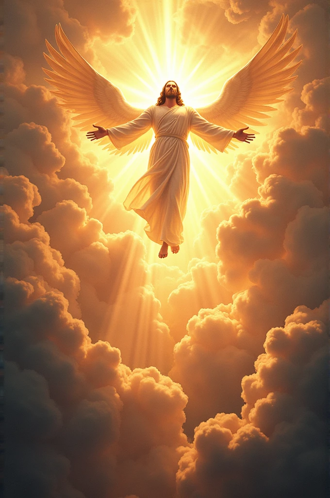 create an image of the heavens opening and Jesus Christ appearing in great glory and power, angels everywhere, flaming lights.