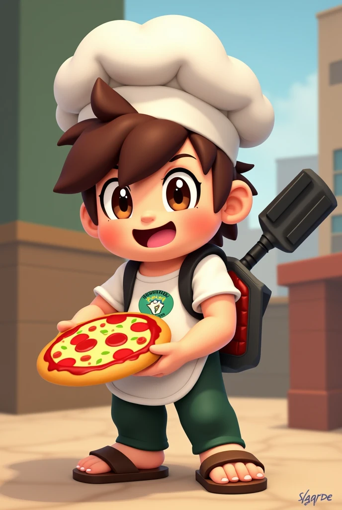 Tosatte is a brawler from the game Brawl Stars who is passionate about pizza., whose main weapon is a pizza grabber. He is Fang&#39;s younger brother.,Tosatte has a chef hat on, her brown hair sticks out of the hat,He has a white t-shirt showing his entire arm and a white apron with a pizza logo,your dark green pants,he wears a brown sandal,your eyes are very bright and your smile shows a lot of charisma,he is holding a pizza and on his back he has his gun a pizza tongs 