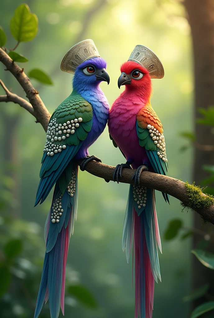 Create an 8K high-resolution image of two exotic, vibrant birds perched on a branch in a lush forest setting. The birds should have striking, multi-colored feathers with intricate patterns resembling gemstones, including shades of blue, purple, red, and green. They are wearing traditional Asian-style conical hats with elegant silver adornments. The birds' long, graceful tail feathers should feature ornate white designs with bead-like decorations. The background should be softly blurred, with natural sunlight filtering through the dense green foliage, creating a magical, serene atmosphere. Capture the details of the birds’ feathers and the hats in ultra-sharp resolution, ensuring a visually stunning and realistic appearance."