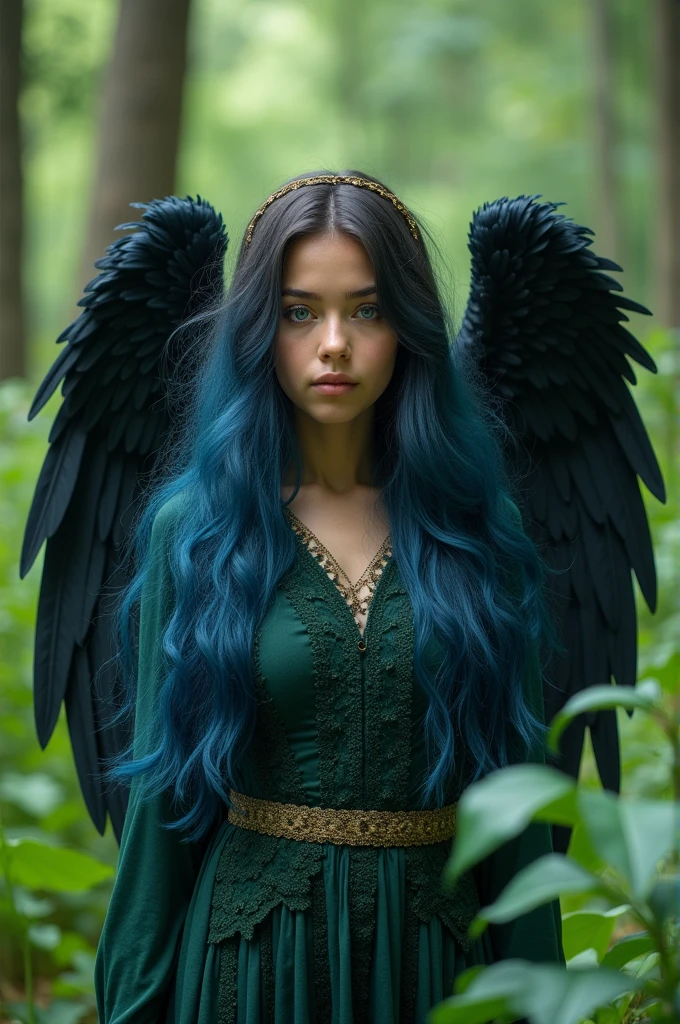 Photo d'une jeune femme de 20 ans, her long black and blue hair surrounding a soft face with blue eyes. From his back protrude two angel wings with black feathers.. . She does magic and turns into a green forest