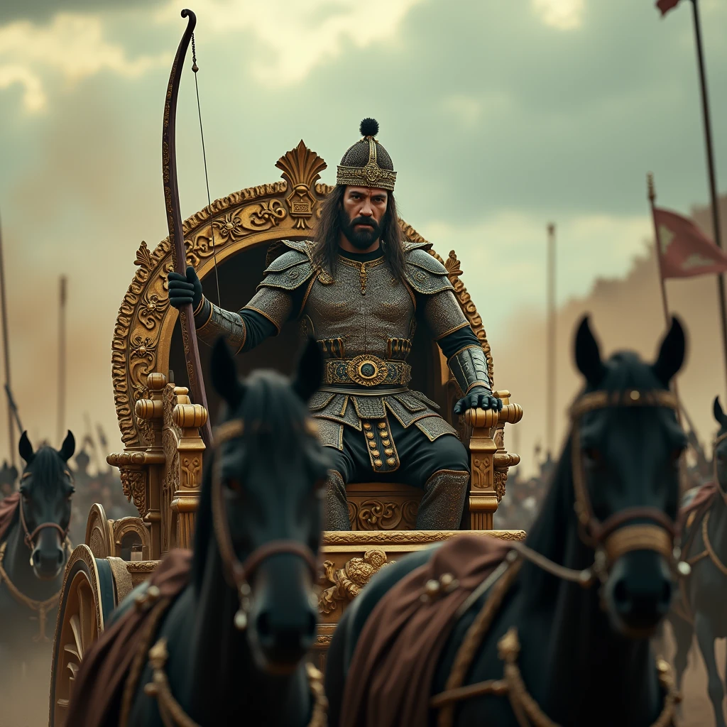Craft an intricate cinematic film still using a 35mm film quality shot on an Arri Alexa 35, capturing a regal and intense scene from an ancient epic. In the foreground, a intricate detailed grand chariot, richly decorated with ornate gold carvings and elaborate designs, is pulled by powerful, dark warhorses whose muscles ripple as they charge through a battlefield. The chariot's central figure is a majestic warrior-king, adorned in resplendent armor and a jeweled crown, holding a bow in one hand with a commanding presence. The king's expression is focused, and his posture exudes authority and determination. The chariot is surrounded by a whirlwind of dust, adding dynamic motion to the scene, while the background features a distant army advancing, their spears and banners raised against a stormy sky. The depth of field creates a dramatic contrast between the detailed foreground and the slightly blurred background, enhancing the epic scale and cinematic quality of the moment, film grain, Cinematic film still,32k