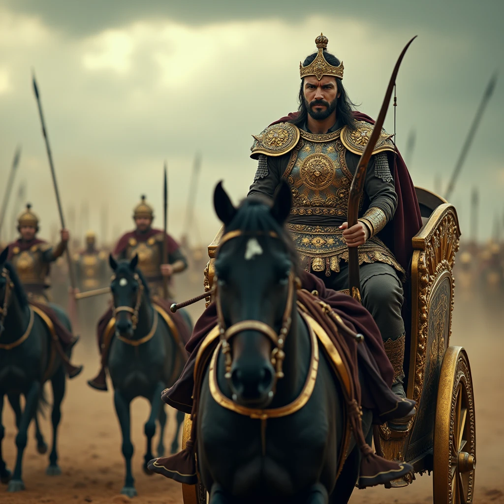 Craft an intricate cinematic film still using a 35mm film quality shot on an Arri Alexa 35, capturing a regal and intense scene from an ancient epic. In the foreground, a intricate detailed grand chariot, richly decorated with ornate gold carvings and elaborate designs, is pulled by powerful, dark warhorses whose muscles ripple as they charge through a battlefield. The chariot's central figure is a majestic warrior-king, adorned in resplendent armor and a jeweled crown, holding a bow in one hand with a commanding presence. The king's expression is focused, and his posture exudes authority and determination. The chariot is surrounded by a whirlwind of dust, adding dynamic motion to the scene, while the background features a distant army advancing, their spears and banners raised against a stormy sky. The depth of field creates a dramatic contrast between the detailed foreground and the slightly blurred background, enhancing the epic scale and cinematic quality of the moment, film grain, Cinematic film still,32k