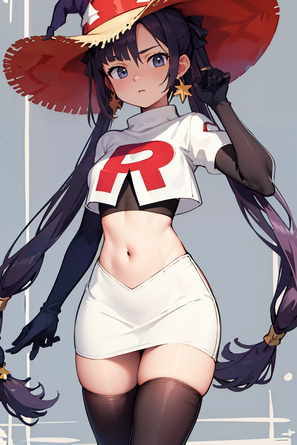 ((masterpiece,best quality)), team rocket,team rocket uniform,white skirt,red letter R,crop top,black thigh-highs,black elbow gloves, purple_hair, zettai ryouiki, aamona, long hair, twintails, star_earrings,hair ornament, hat, jewelry, star_\(symbol\), witch_hat, earrings, purple headwear, cowboy shot,