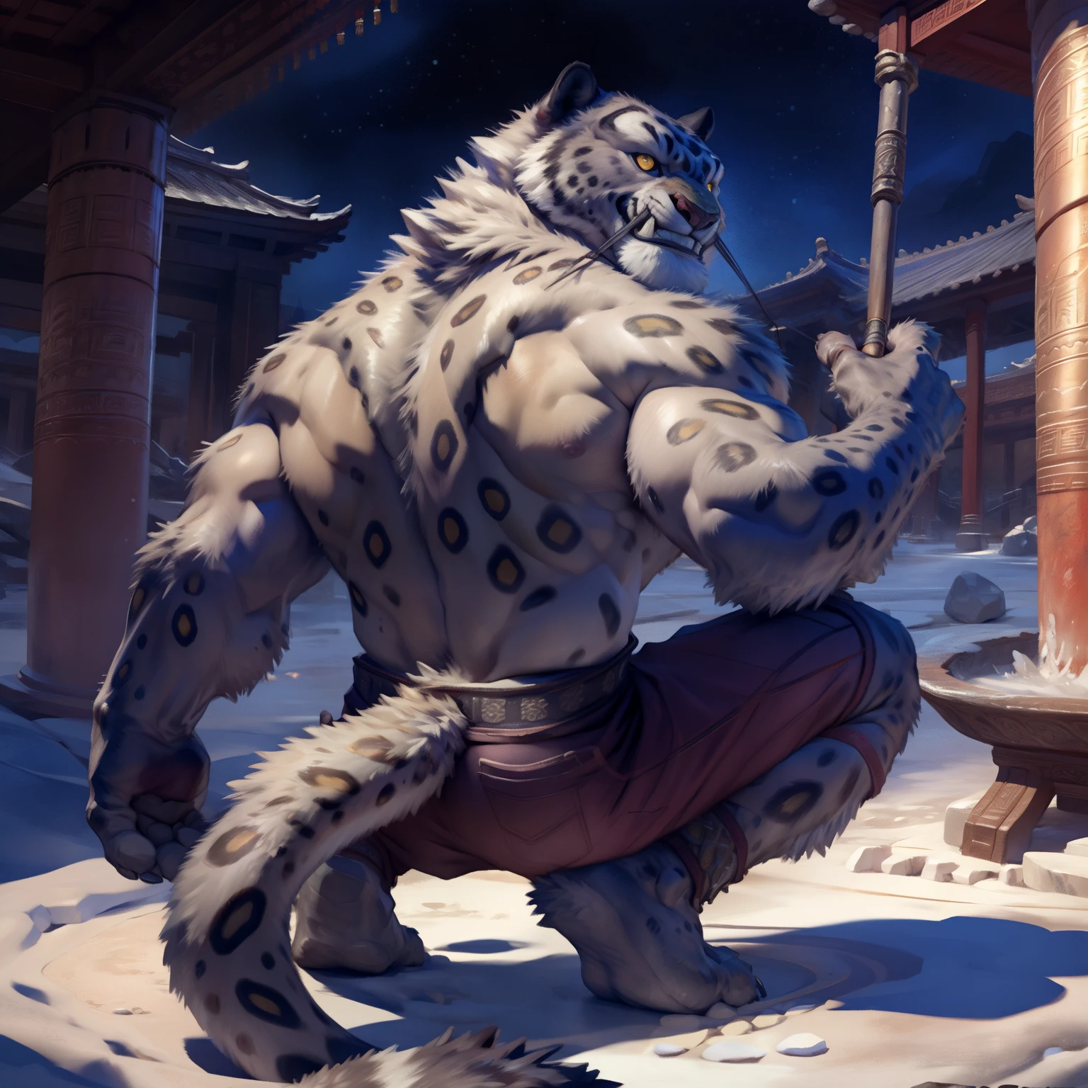 (by taran fiddler), (by darkgem:0.8), (by chunie:1), masterpiece, grey fur, nipples, navel, portrait, seductive, looking at viewer, smile, grin, teeth, (tailung:1.2), snow leopard, (gold eyes), detailed eyes, male, solo, anthro, crouched on fountain, (looking back), (detailed temple background), Chinese temple, (night), (Purple shorts)