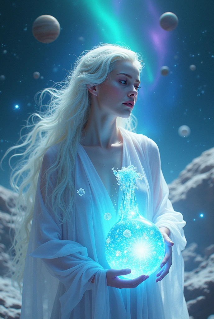 Imagine a futuristic and enigmatic scene. In the center, an androgynous character with soft, expressive features, dressed in ethereal clothes that seem to be made of water and light. The figure holds a large crystal vessel that emits a bright blue glow, from which flows water that transforms into currents of energy, connecting heaven and earth. The background is a galactic landscape, with planets and satellites orbiting around the figure. Stars twinkle in bright colors, and an aurora borealis dances on the horizon, enveloping Aquarius in a cosmic atmosphere. Small symbols of air and water float around the figure, representing its dual nature. The overall mood is futuristic and serene, with a sense of universal connection and constantly moving energy. Create it in video format