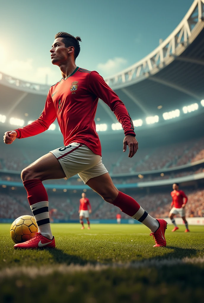 https://ichef.the bbci.co.uk/Ace/ws/640/cpsprodpb/8B70/PRODUCTION/_102469653_gettyimages-962792890.jpg.webp do it in front of the stadium where the golden balls are in the background of Cristiano Ronaldo