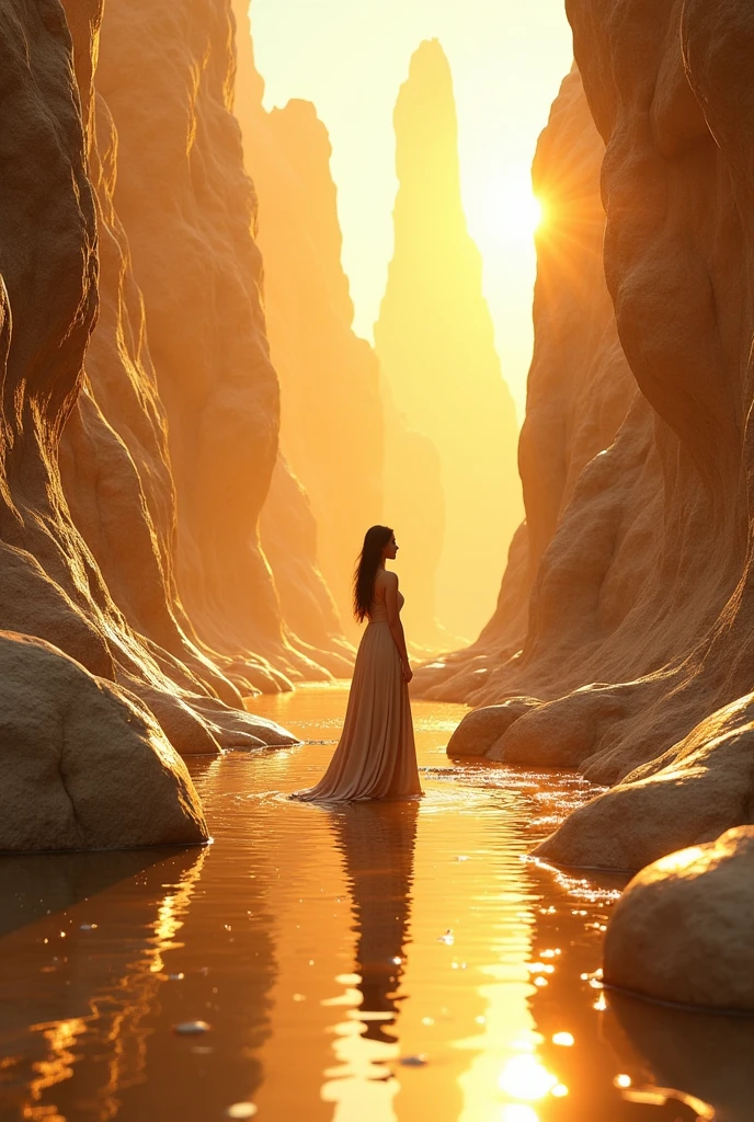 Make a valley full of rocks, with mirrors on each rock, and a female person, so that the valley has warm, golden tones. 