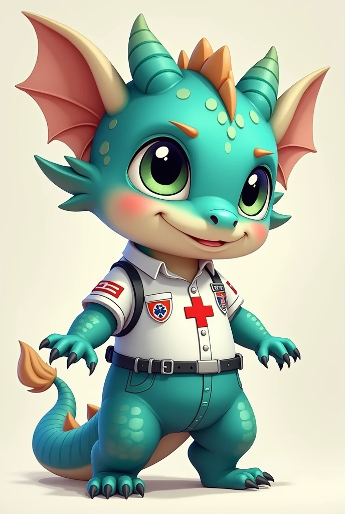 Create a chiby half dragon boy (dragónboy)turquoise and half human and has paramedic clothes