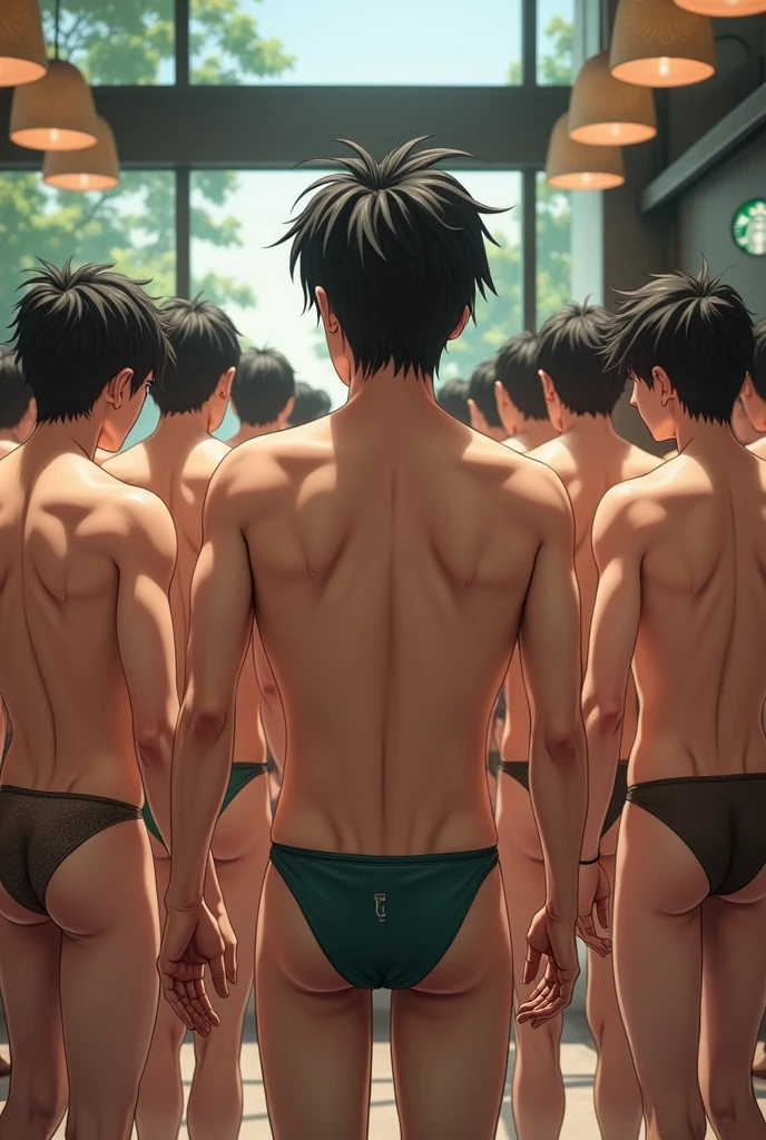 Realistic、beautiful、A large group of young Japanese men、Bikini-style small swimming trunks、Boomerang-type thinＴSwimwear in the back、Huge bulge in the crotch、Inside Starbucks Coffee