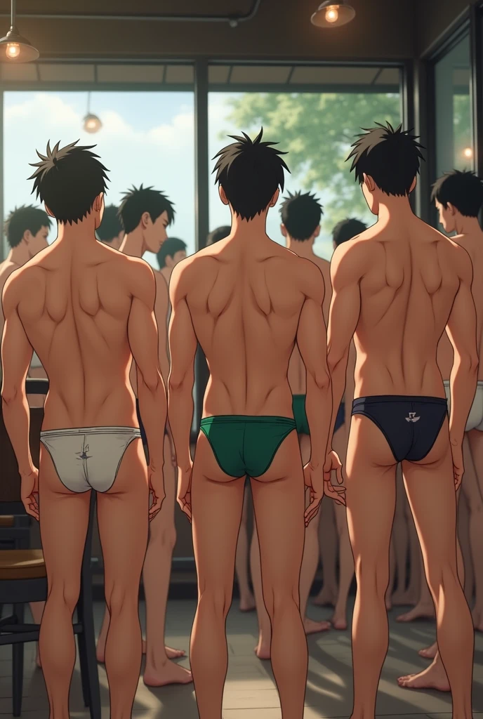 Realistic、beautiful、A large group of young Japanese men、Bikini-style small swimming trunks、Boomerang-type thinTSwimwear in the back、Huge bulge in the crotch、Inside Starbucks Coffee