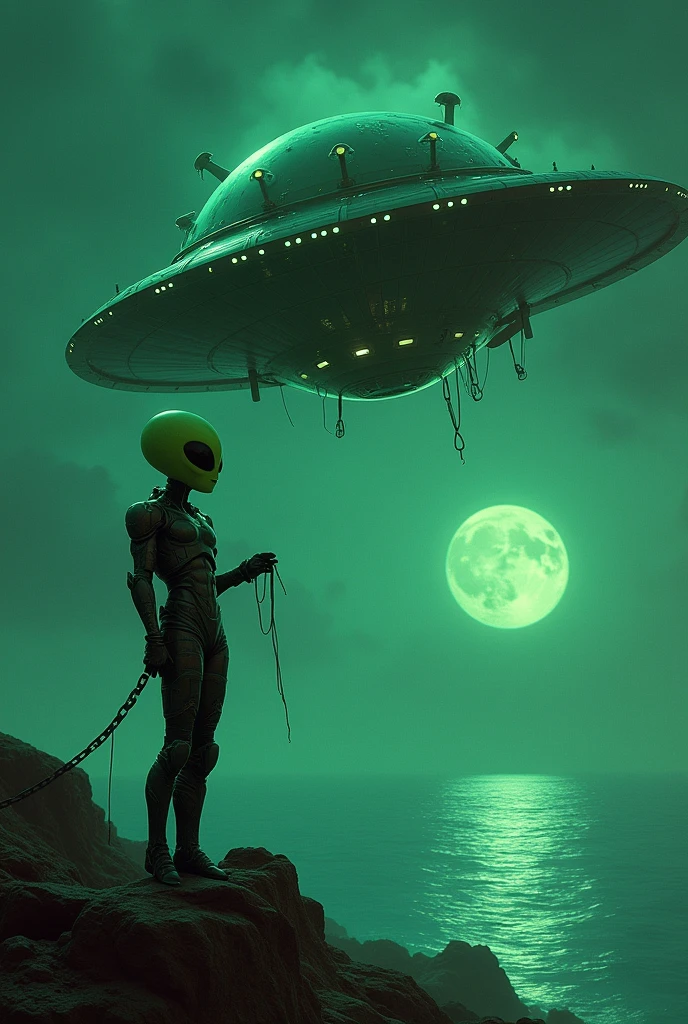 ((best quality)), ((masterpiece)), (detailed) alien human size, big eyes (black) bald and big head, green skinned. under repair UFO using futuristic equipment and armor (without helmet) in above sea water. (green night)