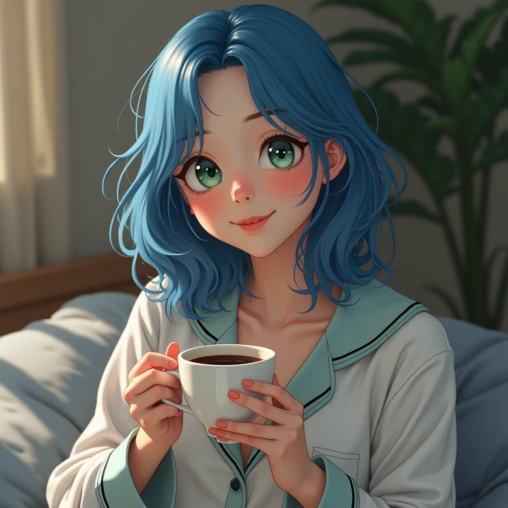 20 year old woman, blue hair, White skin, parts, green eyes, frank smile, deep look. having a cup of coffee in pajamas