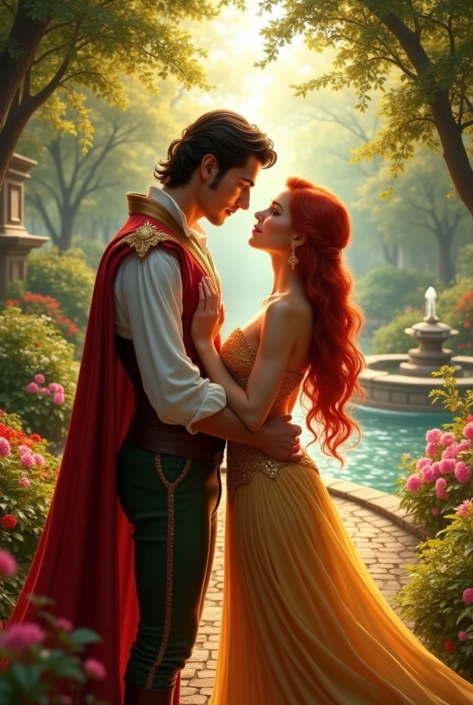 a handsome prince looking at the red-haired princess in a golden dress in a beautiful garden