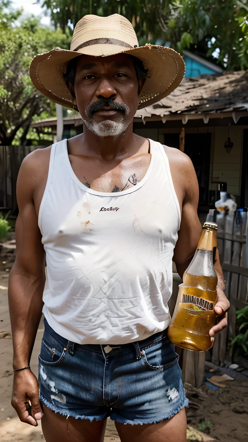 50-year-old man, sunburned brown skin, ranch hat, unkempt mustache, black denim shorts, dirty white tank top, with a bottle of beer, in the yard of his house, dirt, filth.