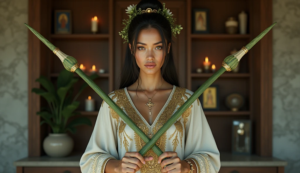 female healer with gold threads on her clothes, with exquisite ultra realistic costumes with two long plants in the shape of thin spears, crossing like an x in front of your chest. The plant is green with medium green and dark green stripes throughout.. In the background, a modern and rustic house with a shelf with saints and lit candles. convey depth.