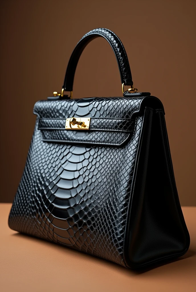 I want to create a women's handbag made from black python skin. I want it to look very luxurious, with gold-colored hardware. It should resemble the Hermès Kelly bag model.