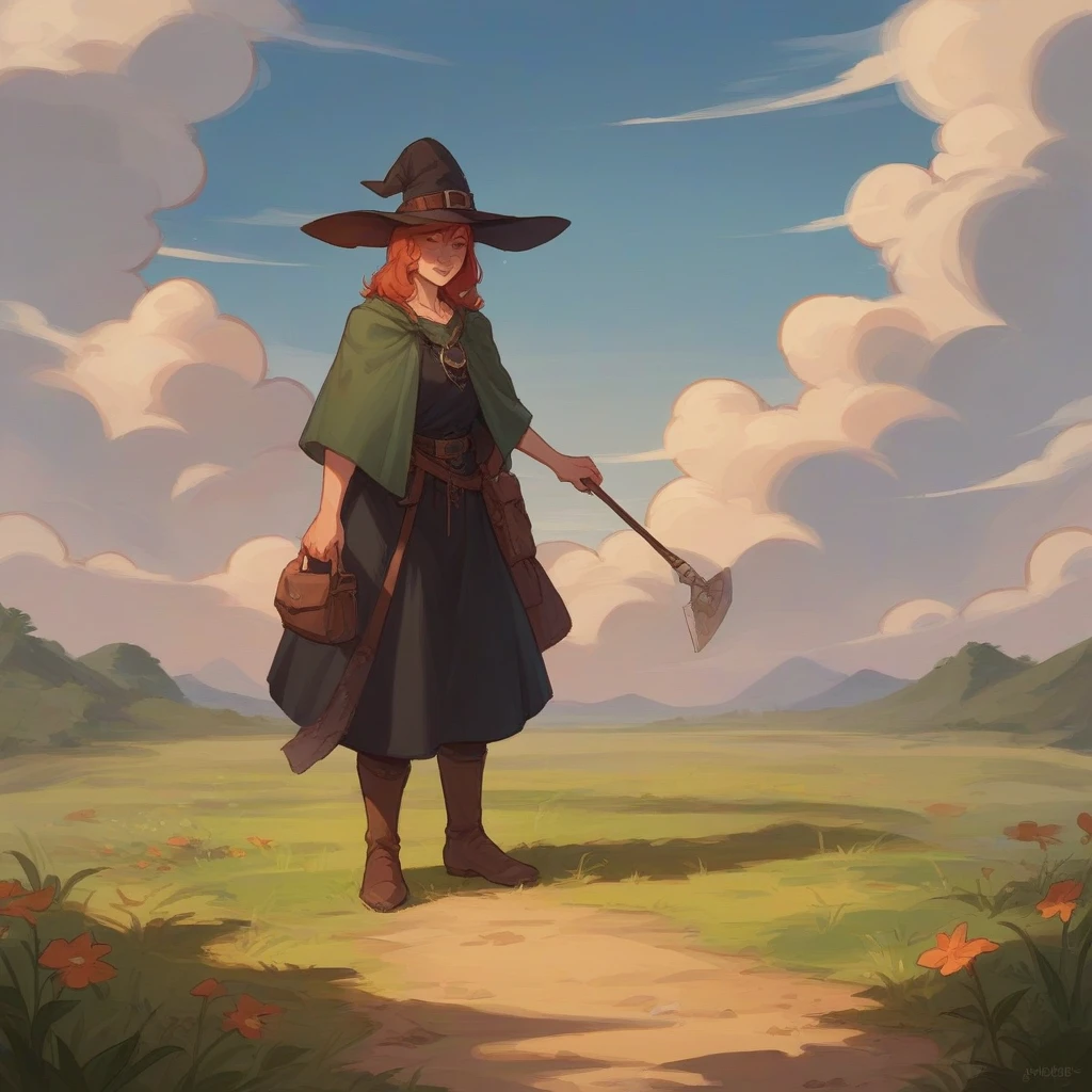 alone, plains in front of a witch's hut, poppylol, Yordle, small pile, colored skin, rubio_hair, purple_eyes, big breasts, angry expression, White suit, white pants, White shirt, bottomless, wound with blood, looking ahead, leaning forward, yelling, clenching the fist, backwards