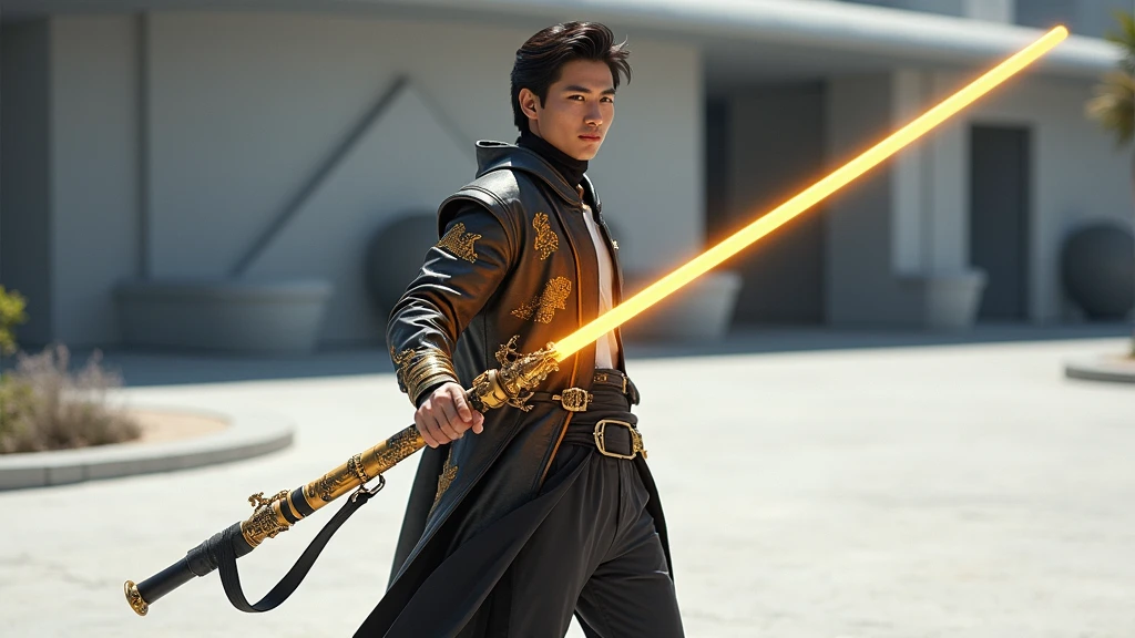 "Create a futuristic lightsaber inspired by the Monkey King (Wukong) from Chinese mythology. The hilt should resemble a golden staff with intricate dragon patterns and traditional Chinese motifs. The grip should be wrapped in dark material with gold accents. The blade should be a vibrant, shimmering gold or yellow, with a slightly undulating effect to suggest dynamic movement. The young Asian man holding the lightsaber should be depicted in a confident, heroic pose, wearing a modern outfit with traditional elements, such as a sleek jacket with dragon embroidery."