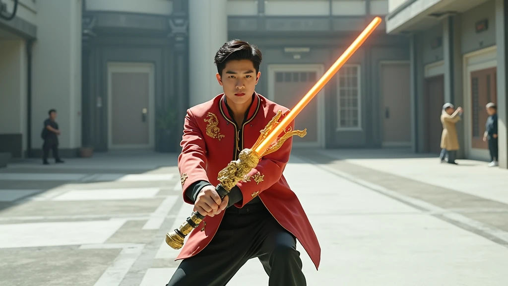 "Create a futuristic lightsaber inspired by the Monkey King (Wukong) from Chinese mythology. The hilt should resemble a golden staff with intricate dragon patterns and traditional Chinese motifs. The grip should be wrapped in dark material with gold accents. The blade should be a vibrant, shimmering gold or yellow, with a slightly undulating effect to suggest dynamic movement. The young Asian man holding the lightsaber should be depicted in a confident, heroic pose, wearing a modern outfit with traditional elements, such as a sleek jacket with dragon embroidery."