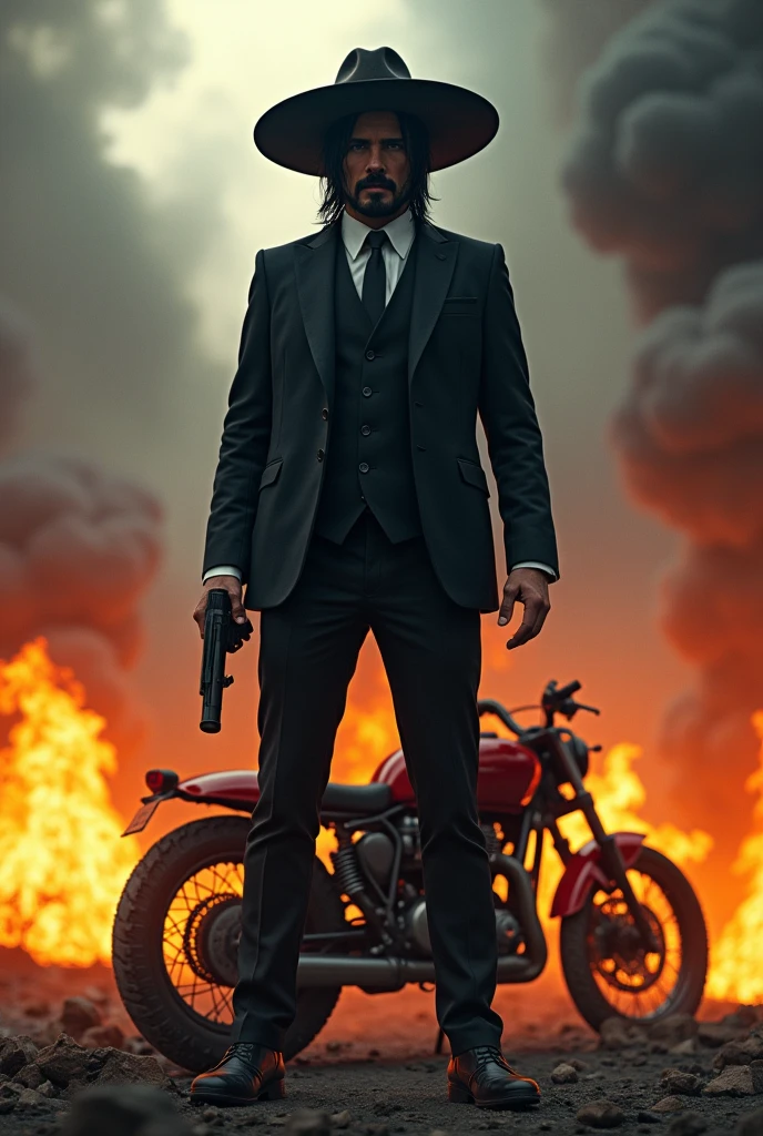 John Wick standing wearing a sombrero standing over destroyed red bike with fire and smoke