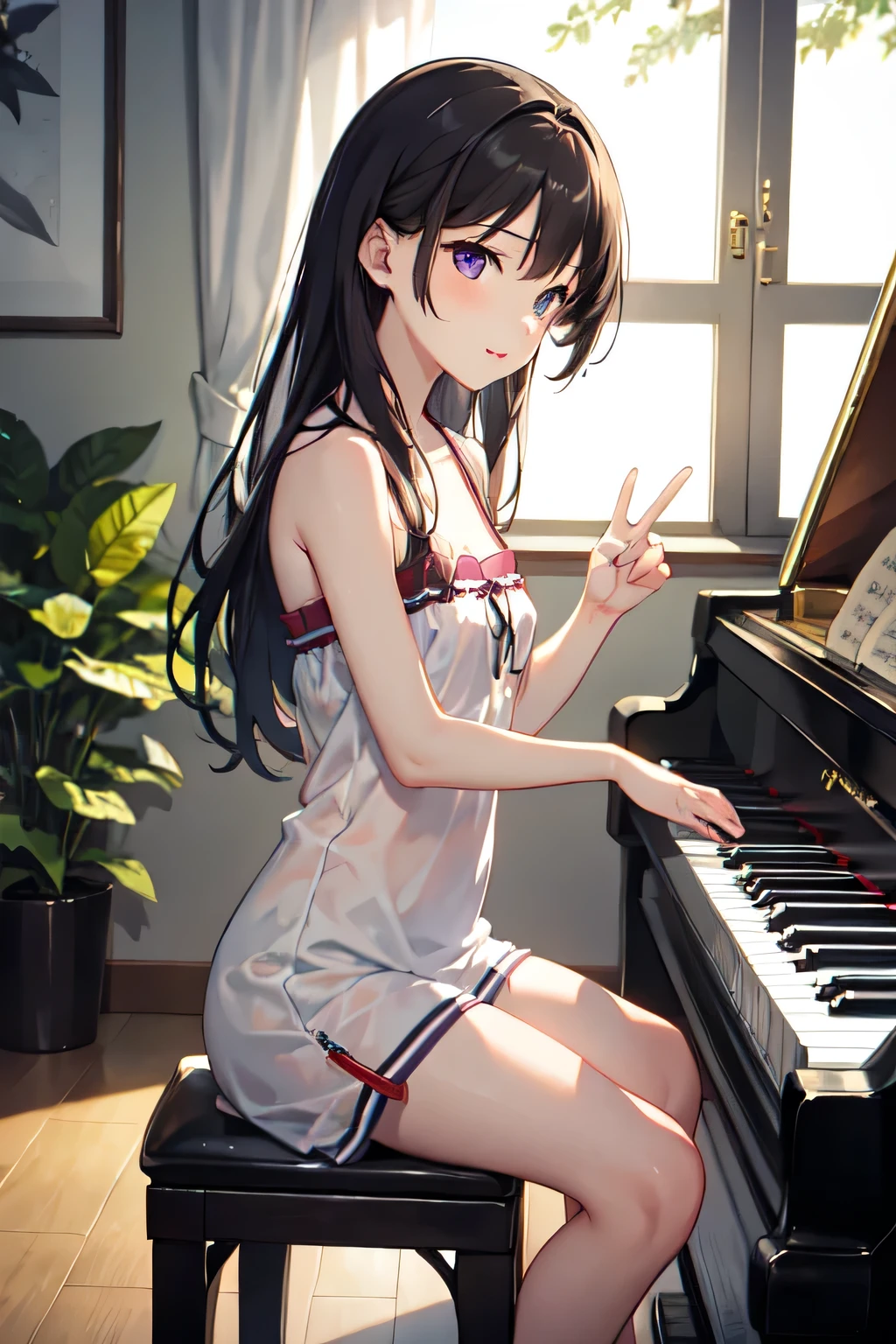 One girl, Purple eyes, At dusk at the end of summer、In the dim light she is alone、I was sitting at an old piano。The soft light coming through the window dyed her long hair golden.、She looked like an angel。
Her name is Sakurai Misaki(Sakura Misaki)。She is an 1 beautiful girl who attends a music academy.。She has loved playing the piano since she was a child.、He was blessed with musical talent。but、Now that talent was tormenting her.。
As a graduation project from the music school、You are given the task of creating your own song.。but、No matter how many times I slide my fingers across the keyboard、The melody resonating in my heart won't take shape。Anxiety and anxiety、And her frustration with herself tightens her heart。
「Why is this so difficult...?」
Misaki sighed.、I turned my gaze out the window。There、The summer landscape she loves is spreading before her.。Tree swaying in the wind々Leaves、I hear children laughing in the distance。She suddenly、I remembered fun summer memories from the past.。
That moment、A ray of light shone in her heart。Yes.、I just need to turn my summer memories into songs。She returned to the piano、He slowly began to tap the keys.。Summer landscape、Laughter with friends、And then, putting the brilliance of each moment into a melody。
Misaki noticed。Music doesn't have to be perfect。The important thing is、Put your heart into it。And she、A beautiful melody that weaves summer memories begins to play。