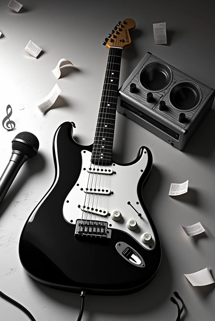 Generates image of a black and white guitar on the floor next to a microphone lying on the floor around loose musical notes