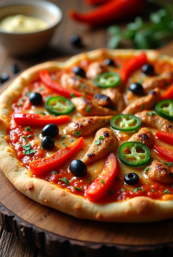 I want peri peri pizza with onion red paper jalpino olives nd chicken toping
