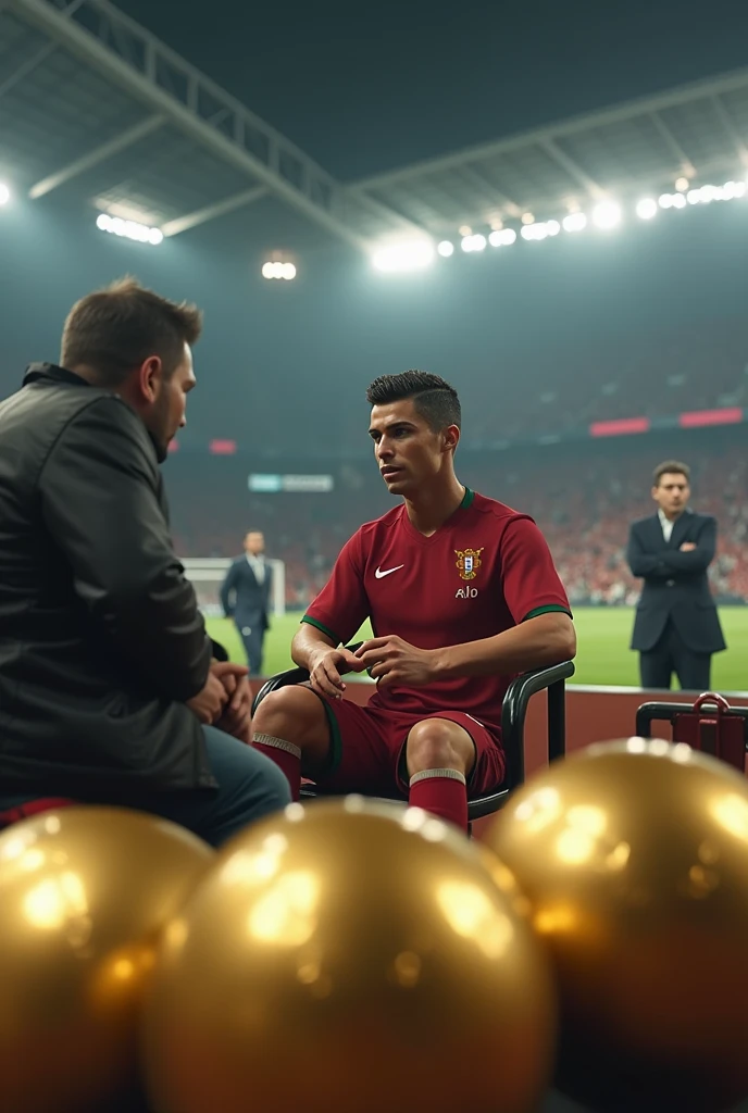 https://ichef.the bbci.co.uk/Ace/ws/640/cpsprodpb/8B70/PRODUCTION/_102469653_gettyimages-962792890.jpg.webp do it in front of you sitting down talking in the background have the golden balls in the stadium of Cristiano Ronaldo