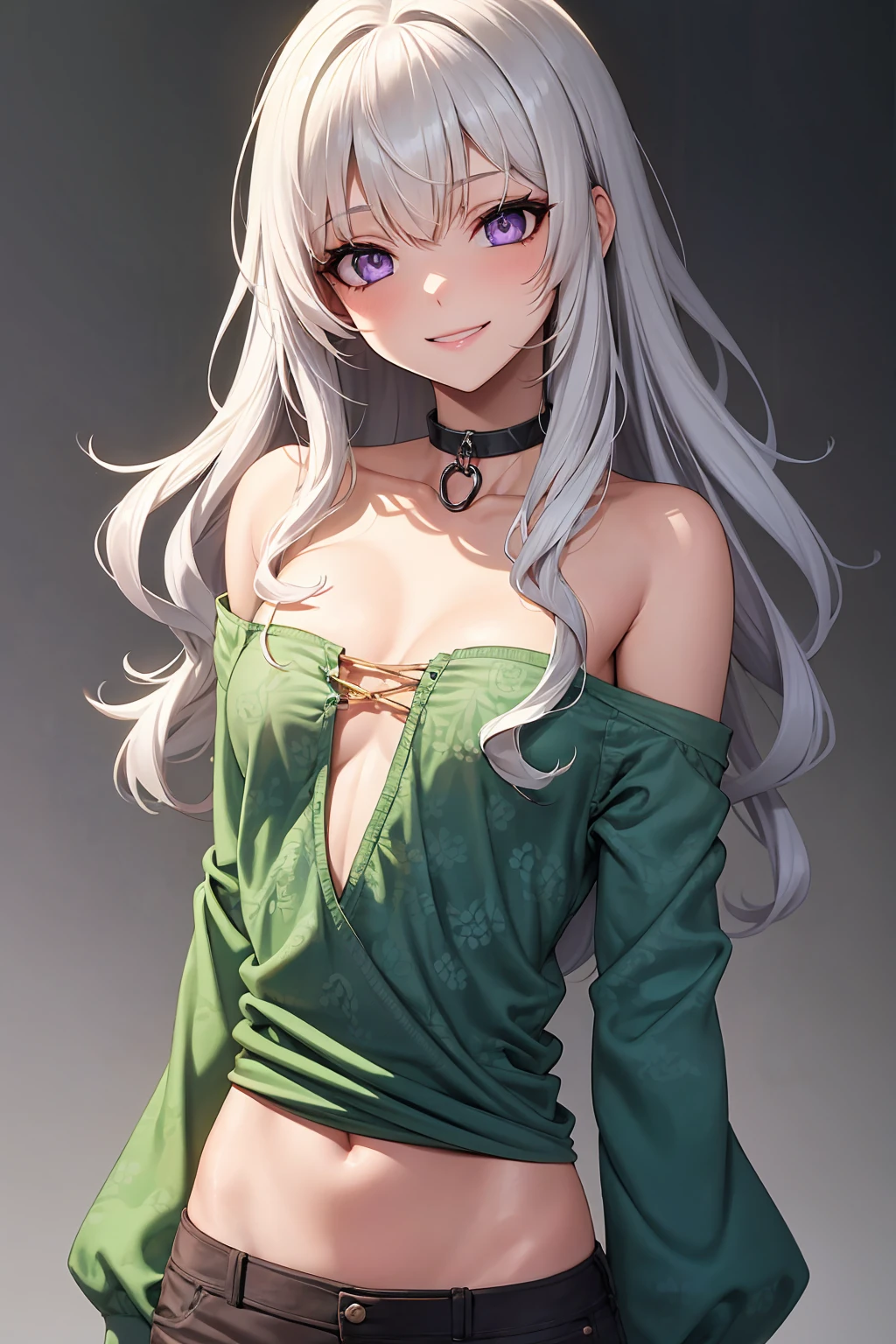 1girl, white hair, long hair, messy hair, curly hair, boho waves, purple eyes, metal choker, green strapless shirt, medium chest, midriff, miniskirt, patterned clothing, seductive smile, shiny skin, grey background, looking at viewer
