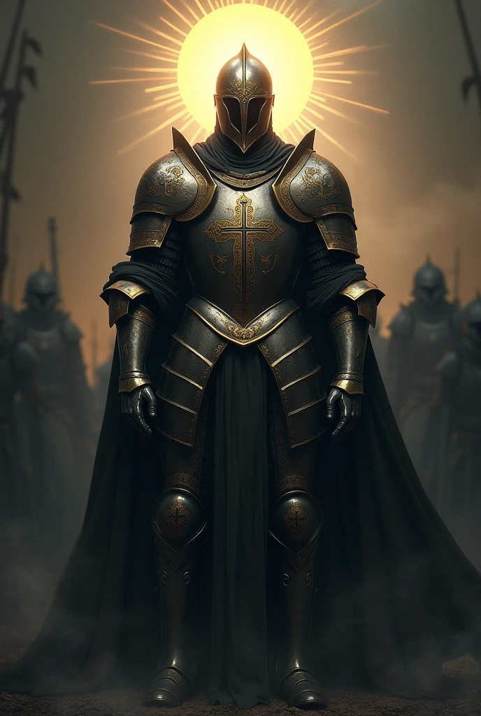 A symbolic representation of a spiritual battle, like medieval armor with Christian elements, perhaps with shadows of opponents in the background