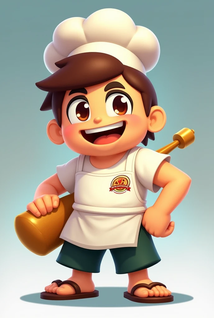 Tosatte is a brawler from the game Brawl Stars,passionate about pizza, whose main weapon is a pizza grabber. He is Fang's younger brother.,Tosatte has a chef hat on, her brown hair sticks out of the hat,He has a white t-shirt showing his entire arm and a white apron with a pizza logo,your dark green pants,he wears a brown sandal,your eyes are very bright and your smile shows a lot of charisma,he is holding a pizza and on his back he has his gun a pizza tongs,he is on the side of the brawler Edgar.